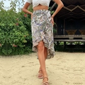 Bohemian paisley wrap skirt with ruffles and a white crop top for summer beach vacations - Green