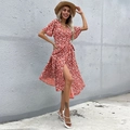Rotes Wickelkleid mit weißem Blumenmuster, V-Ausschnitt und Rüschenärmeln für Sommer - S / Burgunderrot
