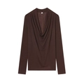 T-shirt manches longues en lyocell marron foncé avec col drapé en taille S - S / café