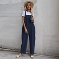 Women's dark blue wide-leg overalls paired with a simple white T-shirt summer outfit - S / Top And Bottom / Navy Blue