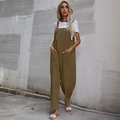 Relaxed fit brown cotton linen overalls for women with wide straps and large pockets - S / Top And Bottom / Army Green