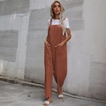 Brown sleeveless jumpsuit with wide straps and large pockets over a white t-shirt - L / Set / Coffee