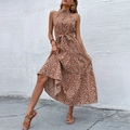 Boho halter neck tiered floral maxi dress in brick red with a waist tie and layered skirt - S / Red