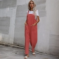 Women's casual coral orange cotton linen jumpsuit with white T-shirt and big pockets - S / Dresses / Redwood