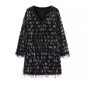 Fashionable black mini dress with silver sequins and fringe details, V-neck and long sleeves - XS / Black