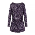 Mini robe élégante à paillettes violettes, manches longues et col rond, coupe slim de soirée - XS / Violet foncé