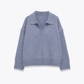 Women's light blue long sleeve polo knit sweater with V-neck and dropped shoulder design - S / Grey Blue