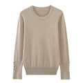 Classic beige knit sweater with decorative gold buttons on the sleeves and round neckline - S / Khaki