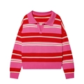 Detail of red and pink striped knit polo shirt with V-neck and ribbed cuffs design - S / Pink Rose Red
