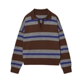 Detail of knit POLO neck and striped texture on oversized long sleeve sweater - S / Brown Blue Grey