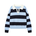 Detail of blue striped knit polo shirt showing white collar and ribbed texture - S / Black Blue