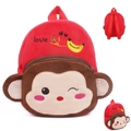 Red plush children backpack with a 3D cartoon monkey pocket and embroidered love design - Red Monkey