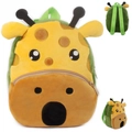 Cute yellow plush giraffe backpack for kids featuring brown spots and green straps - Khaki Giraffe