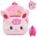 Pink plush bunny backpack for toddlers featuring cute embroidery and adjustable straps - Rabbit with Carrot