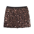 Detail of shimmering coffee sequins and black elastic waistband on the mini party skirt - XS / Black Brown