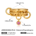 Three-layer gold stainless steel ring with dangling pink zircon gemstone charm - Gold with Pink Zirconia (JDR0303006-PK-8)