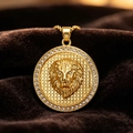 Hip hop men's gold stainless steel lion head pendant necklace with round rhinestone bezel - Gold Round Zirconia Lion Head (Pendant Only) (D0911)