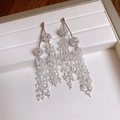 Elegant long tassel earrings with clear crystal beads and silver hardware for parties - Silver Crystal Bead Chain Tassel Long Style