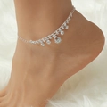 Bracelet de cheville argenté multicouche avec glands en strass et pendentifs gouttes - Style Strass de Tailles Mixtes