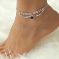 Bracelet de cheville multicouche argenté avec strass et pendentif rouge sur peluche - Style Double Couche