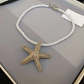 Resort-style starfish pendant necklace with white twisted rope and sparkling crystals - Silver Starfish White Braided Rope Style (17#)