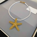 Gold starfish pendant on white twisted rope necklace for beach vacation fashion - Gold Starfish White Braided Rope Style (16#)
