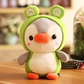 Cute plush penguin toy wearing a green frog costume hoodie in soft short plush fabric - 25cm / Penguin Transforming Frog