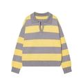 Women's knit polo sweater featuring bold yellow and grey horizontal stripes and a V-neckline - S / Yellow Grey