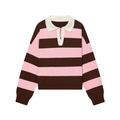 Women's striped knit long sleeve POLO shirt in pink and brown with a white collar - S / Dark Brown Pink