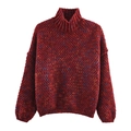 Women high-neck chunky knit sweater in deep red marled yarn with colorful flecks - S / Red