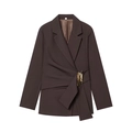Detail of dark brown blazer featuring asymmetrical drape and golden metallic buckle closure - Coffee Top