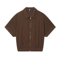 Women's dark brown short sleeve zip-up jacket with textured fabric and elastic hem - S / Coffee Top