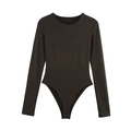 Deep brown long sleeve slim fit bodysuit with classic round neck and high cut leg - S / Dark Grey