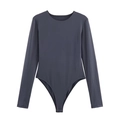 Slim fit dark grey long sleeve bodysuit with round neck and snap button closure - S / Gray