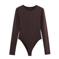 Slim fit long sleeve bodysuit in deep brown soft knit fabric with snap buttons - S / Dark Brown