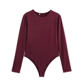 Deep burgundy long sleeve crew neck bodysuit for women in size M, flat lay view - S / Burgundy