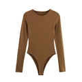Brown long sleeve crew neck bodysuit with a slim fit design and snap closure bottom - S / Toffee