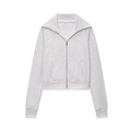 Detail of light grey fleece jacket showing lapel collar, metal zipper, and ribbed cuffs - S / Tops / Light Gray