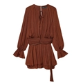 Elegante abito a maniche lunghe a pieghe marrone scuro con scollo a V e cintura - XS / Rosso Mattone