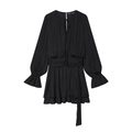 Elegante abito nero a pieghe con lacci in vita e maniche a volant per donne chic - XS / Nero