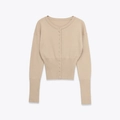 Cárdigan de punto beige para mujer con cuello redondo ajustado y botones frontales elegantes - S / Caqui