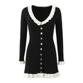 Robe en tricot rétro française noire à volants blancs et boutons dorés élégants - S / Noir