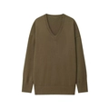 Chic olive green V-neck loose knit sweater with ribbed cuffs on white background - S / Green