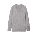 Women's autumn gray V-neck wool blend knit sweater with loose fit and ribbed cuffs - S / Gray