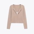 Elegante cardigan in maglia marrone chiaro con scollo a V e dettagli in pizzo bianco - S / Nudo