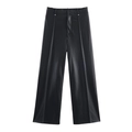 Pantalon femme noir taille haute en similicuir à jambes larges avec surpiqûres - XS / Noir