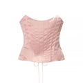 Pale pink satin corset top for women featuring structured boning and ribbon lace-up detail - S / Pink
