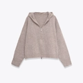 Women's autumn casual hooded knit cardigan with zipper in light oatmeal solid color - S / Camel