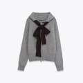 Gray knitted hoodie cardigan featuring a large decorative dark brown bow and front zipper - S / Gray