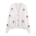 Weiße Strickjacke mit V-Ausschnitt, 3D-Häkel-Erdbeeren und rosa Knöpfen für Damen - S / Rosa Erdbeere